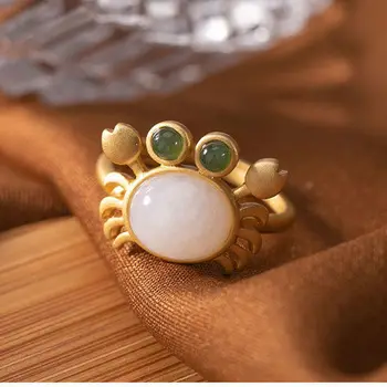 

Silver inlaid natural Hetian jade crab opening adjustable ring Chinese retro fresh romantic stay cute women's brand jewelry