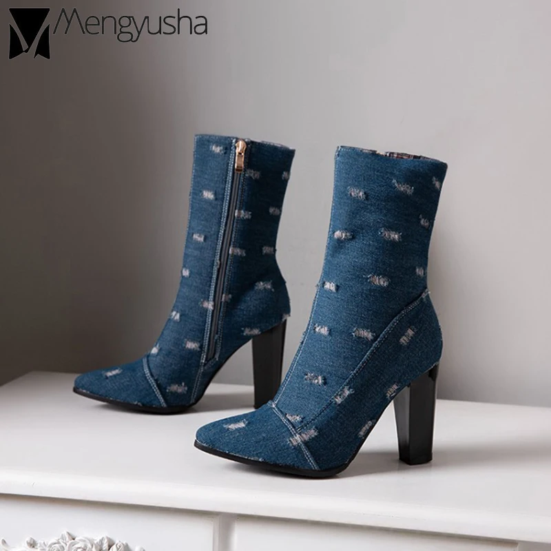 Джинсовые ботинки с острым носком; botines femme; коллекция года; уличные джинсовые ботинки на высоком каблуке; женские Ботинки martin на молнии сбоку; bottes; ботинки «Челси» с кисточками