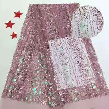 

Latest African Lace Fabric High Quality French Net Embroidery pink Sequins Tulle Lace Fabric For Nigerian Party Dress FFJ113