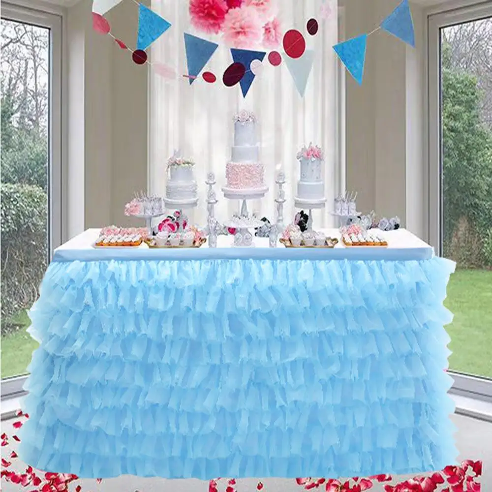 Ruffle Blue Юбка для стола, Тюлевая юбка для стола, для свадебного украшения, для дня рождения, банкета, вечерние, для свадебного стола, 180x77 см - Цвет: Ruffle Blue