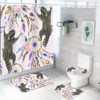 

Animals Bathroom Set Sloth Indian Elephants Waterproof Shower Curtain with 12 Hooks Dream Catcher Anti-Slip Rug Floor Mat 4Pcs