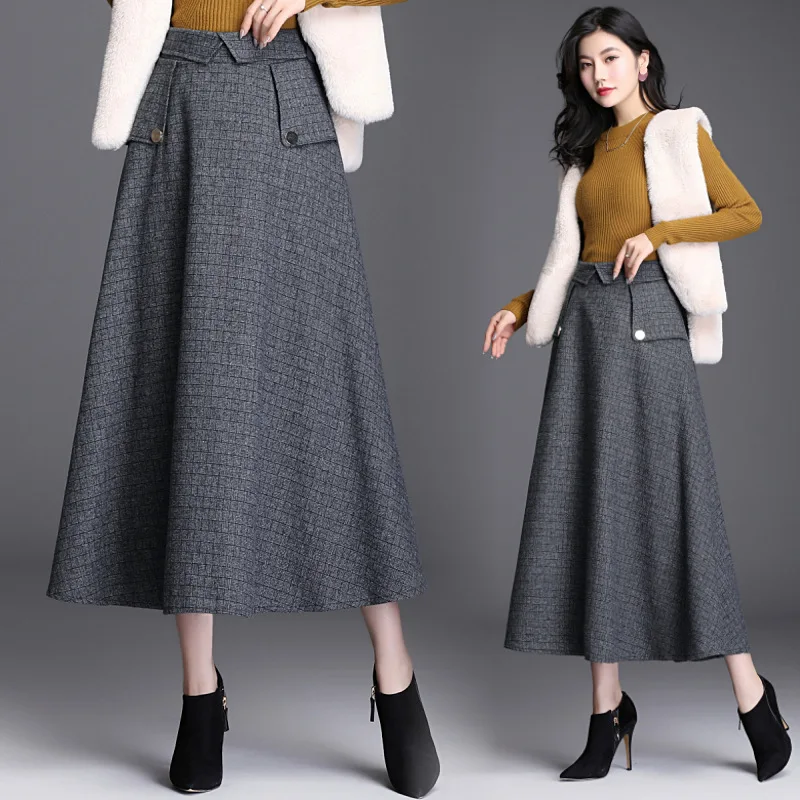 

Autumn And Winter Woolen Plaid Skirt Long Skirts Women's Korean-style Mid-length High-waisted Large Size Woolen Cloth Half-lengt
