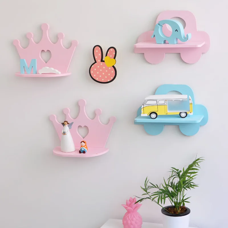 

Cute Car Shape Wooden Shelf Rack for Children Bedroom Room Decoration Creative Haert Flamingo Wall Hanging Shelf Storage for Kid