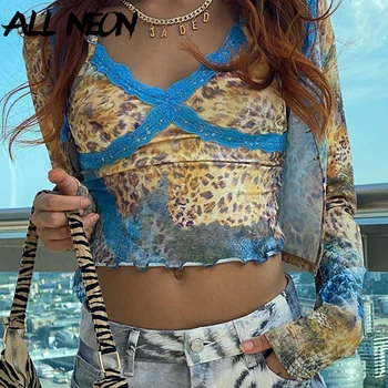 

ALLNeon E-girl Autumn Leopard Printing Cross Lace Cami Tops Vintage Ruffles Tie Dye Backless Cropped Tops Party Outfits 90s Chic