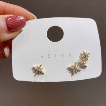 

2020 Korean New Design Fashion Jewelry Copper Inlaid Zircon Delicate Asymmetric Stars Elegant Female Earrings