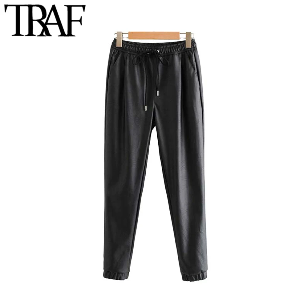 

TRAF Women Faux PU Leather Pockets Pants Vintage Fashion Elastic Waist Drawstring Tie Ladies Ankle Trousers Pantalones Mujer