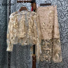 Высококачественные дизайнерские модные женские комплекты Осенние сексуальные вечерние женские золотые топы с пайетками, блузка+ сетчатая юбка до середины икры, комплект для клуба
