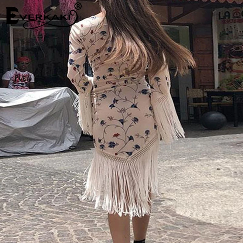 Everkaki мини-платье для женщин с кисточками Boho Цветочный Принт осень длинный рукав повседневное цыганское женское винтажное мини-платье для женщин Новинка