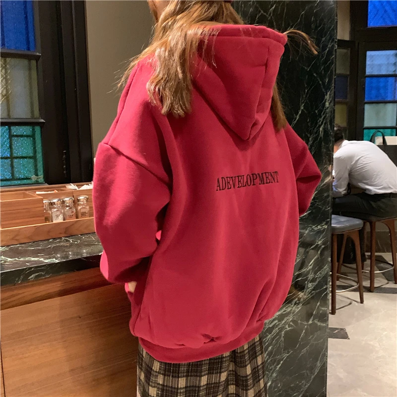 claretred Yocalor Красная Женская Толстовка свободного кроя осень и зима корейский стиль с буквенным принтом Женская толстовка с круглым вырезом пуловер Толстовка - Цвет: claretred