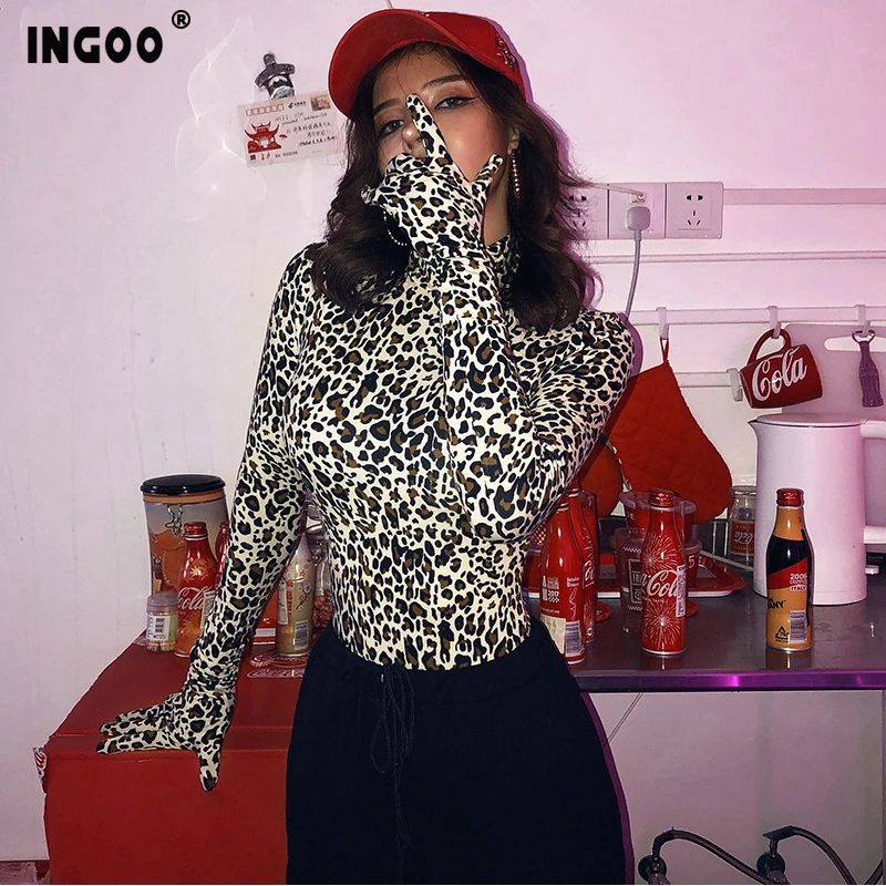 

INGOO Autumn Sexy Leopard Bodysuit Bodycon Women Turtleneck Long Sleeve With Gloves Streetwear Fashion Slim Body Suit Bodysuits