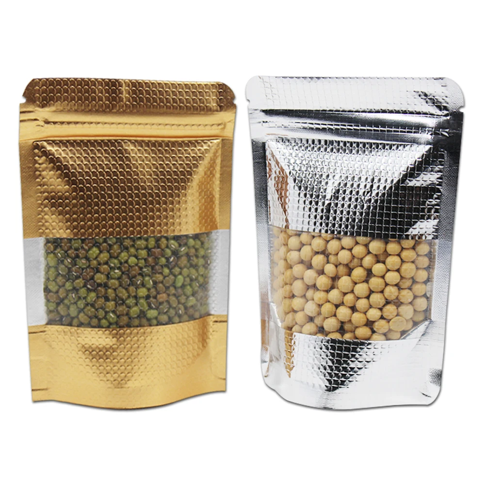 

100Pcs Embossed Doypack Gold Silver Plastic Aluminum Foil Zip Lock Storage Package Stand Up Mylar Heat Seal Tea Nuts Pack Bag