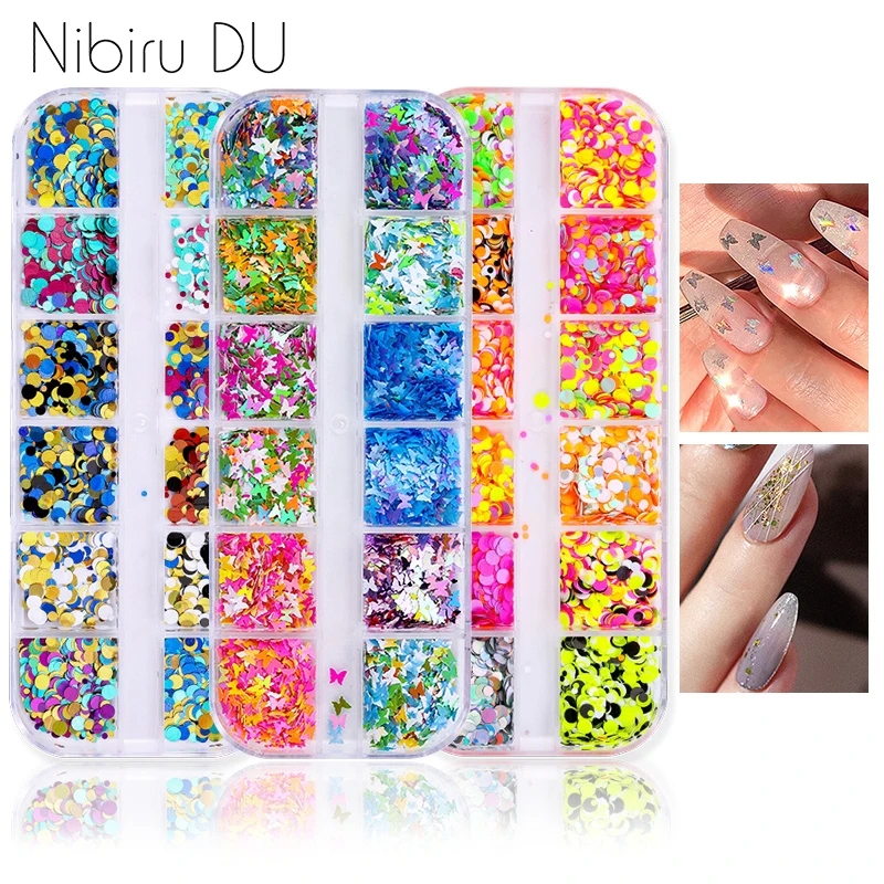 

12 Grids/Set Mixed size Nail Sequins Paillette Mixed Neon Holo Laser Nail Glitters 3D Flakes Slices Art Decorations Tips