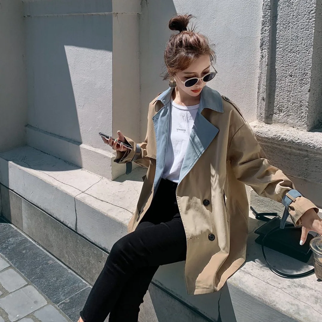 

Photo Shoot CHIC Sense of Design Non-mainstream Kaki Mixed Colors Large Lapel Double Breasted Loose-Fit Mid-length Trench Coat O