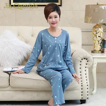 

Elegant Blue Print Pajamas Set for Women Autumn Pure Cotton Button O-neck Long Sleeves Pants Leisure Homewear Womens Nightwear