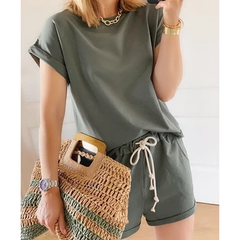 

Casual Solid New Women Two Piece Suit 2020 Summer Elastic Waist Solid Color Leisure Pajamas Set Women O-Neck 2 Piece Set