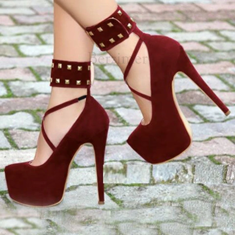 LF192 Burgundy BERZIMER/женские босоножки на платформе и каблуке; туфли-лодочки из искусственной замши с ремешками на шпильках; вечерние туфли; zapatos mujer; женская обувь; большие размеры 50, 51, 52 - Цвет: LF192 Burgundy