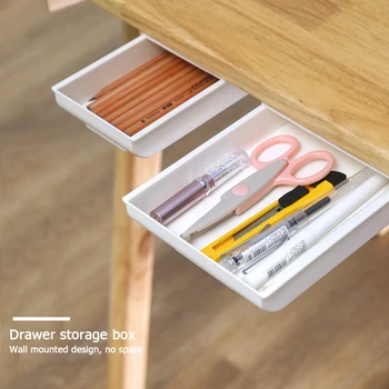 

Self-Adhesive Under Desk Drawer Pencil Tray Hidden Table Under Organizer Box Desktop Makeup Pen Stationery Storage Box Case