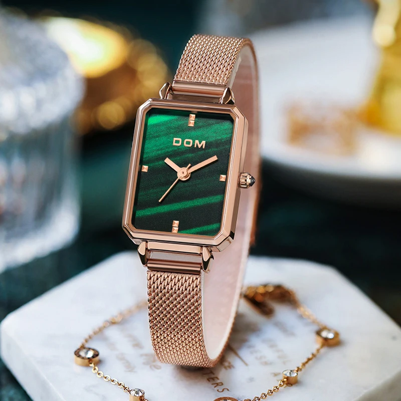 DOM New Ladies Watch Small Green Disk Fashion Luxury Trend Casual Waterproof Swimming Steel Belt Leather Women's Watch G-1337