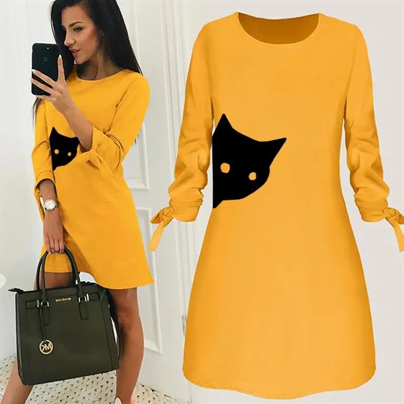 

Dress Round Neck Solid Color Dress Cat Animal Print Clothing Maxi Vestidos Vintage Cheap Clothes China Flamingo