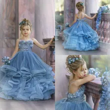 2020 Cute Flower Girl Dresses For Wedding Spaghetti Lace Floral Appliques Tiered Skirts Girls Pageant Dress A Line Kids Birthday
