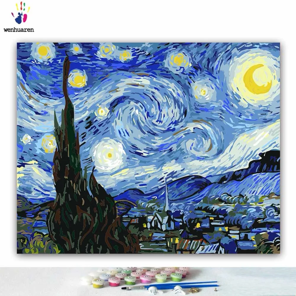 DIY цветные картинки по номерам с цветами Ван Гог Звездная ночь Картина Рисунок Живопись по номерам Обрамленный дом