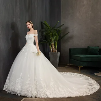 

Luxury embroidery bridal gown off shoulder marriage anniversary wedding gown lace up wedding dresses with train