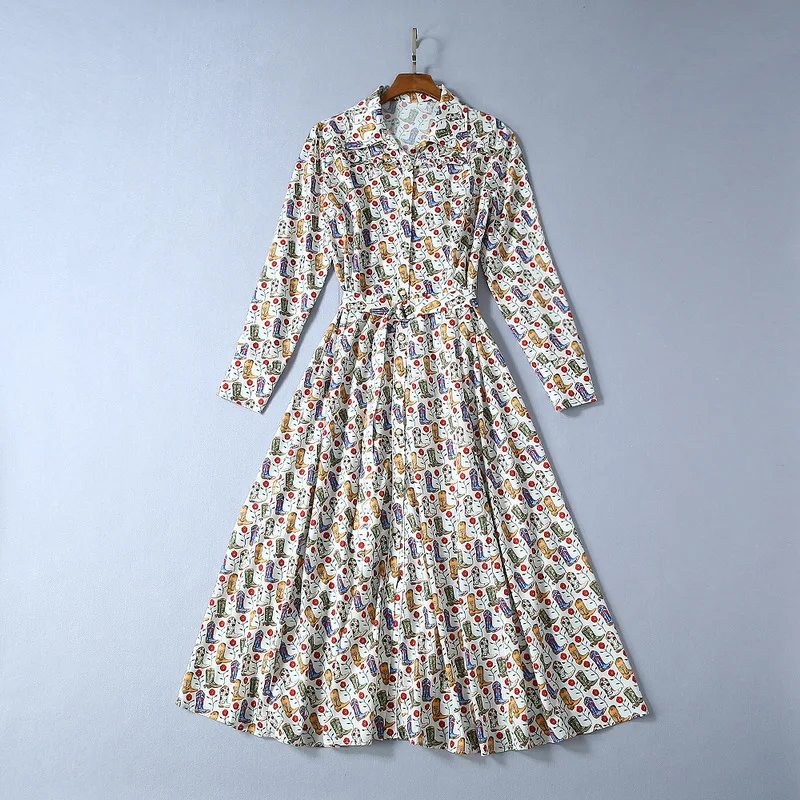 Autumn Fashion Designer Runway Dress New Spring Long Sleeve Floral Printed Simple Casual Midi Female Dresses