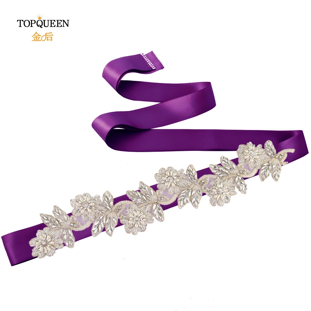 purple TOPQUEEN S427 стразы и жемчуг свадебный пояс из бисера ремни для формального платья атласная лента пояс-кушак дизайн пояс-кушак - Цвет: purple