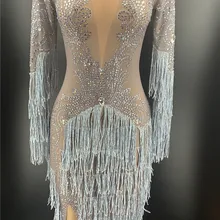 Сексуальное платье на день рождения с кисточками, серебряные стразы, бахрома, платье для выпускного вечера, наряд для выступлений, певица, танцовщица, прозрачное Сетчатое платье
