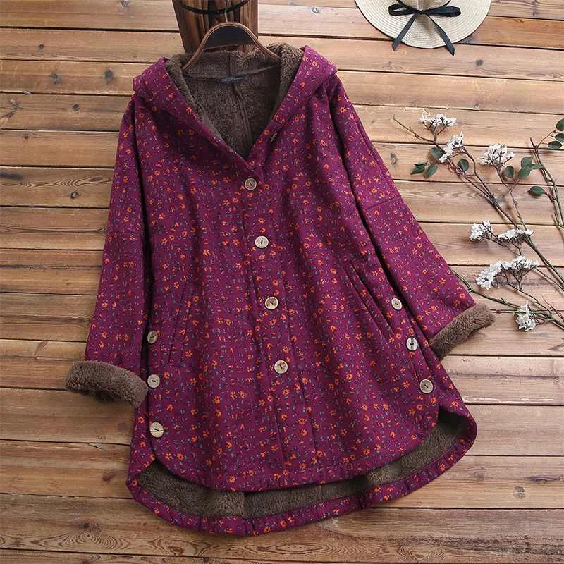 Женские флисовые куртки с принтом ZANZEA Kaftan пальто с капюшоном Повседневная Верхняя одежда на пуговицах Женская Осенняя Асимметричная верхняя одежда размера плюс - Цвет: Красный