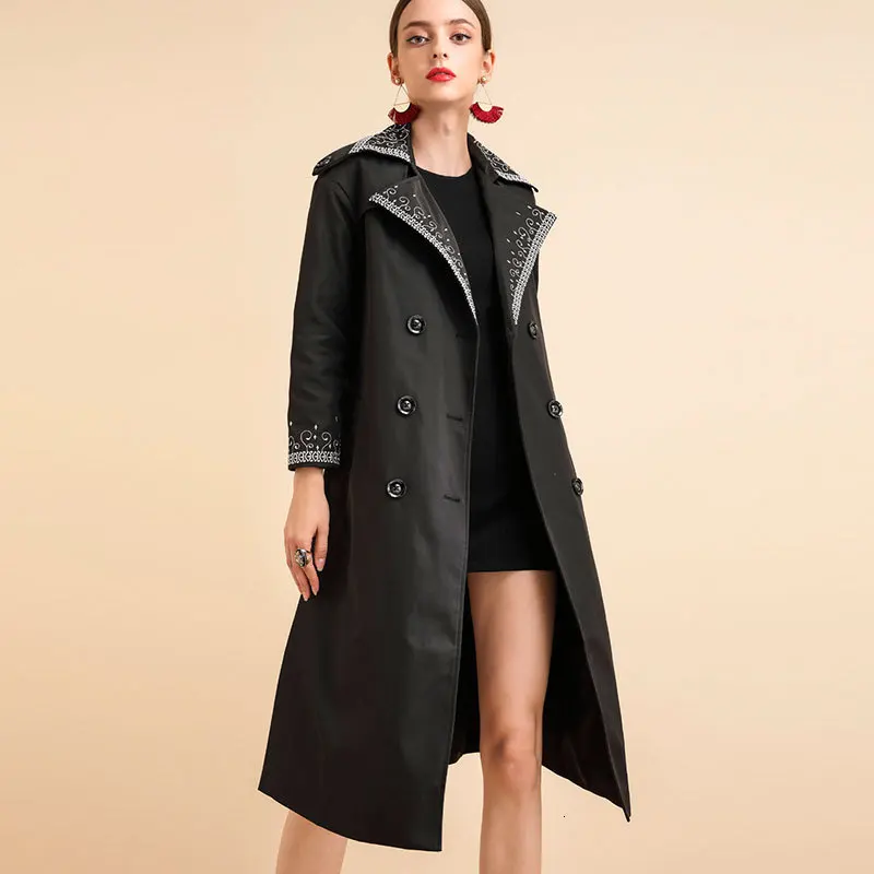 MEVGOHOT New Fall Fashion Woman Black Embroidery Elegant Bodycon Long Trench Coat Plus Size Epaulet Belt Ladies Coat HD2450 - Цвет: black