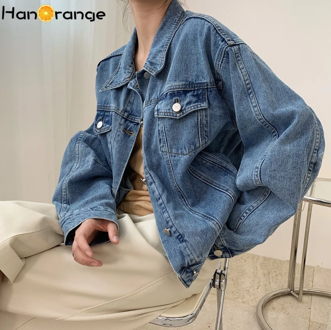 

Autumn Retro Silhouette Blue Washed Denim Jacket Loose Outwear Female