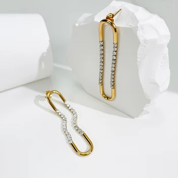 Peri'sBox French Exaggerated Oval U Shaped Long Dangle Earring Geometric Paperclip Zircon Drop Earrings For Women Jewelry