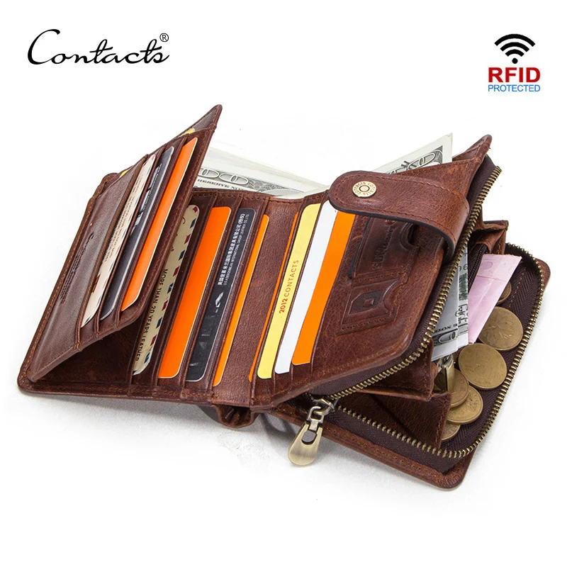 Vintage Wallet Card-Holders CONTACTS Coin-Pocket Man Purse RFID Genuine-Leather Zipper