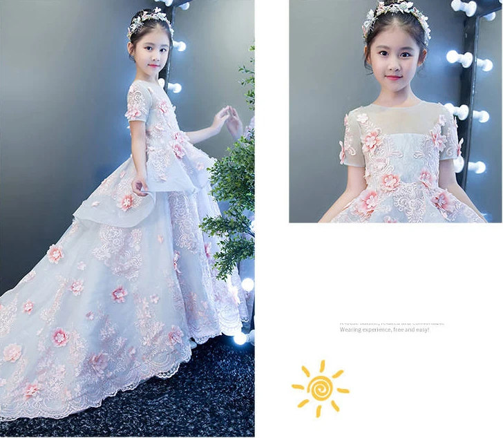 Children Girls Luxury Pageant Floral Appliques Ball Gown Dress Kids Girls Beautiful Flowers Birthday Wedding Party Dress L41