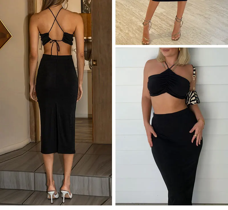 Halter Crop Top And Skirt Set Sexy Women Outfits Summer Dress Sets Cami Top Two Piece Set Skirt Elegant Party Club Outfits