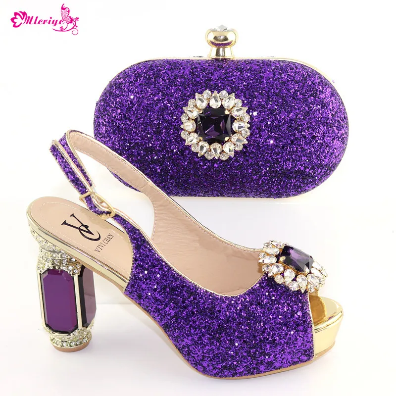 

Italian Design Woman Shoes And Bag Set For Evening Party 2019 Summer Style Rhinestone Middle Heels Shoes And Bag Set