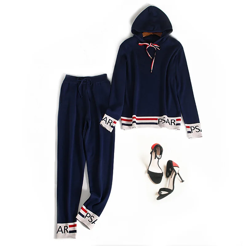Спортивный костюм, 2 предмета, Женский комплект, вязаные толстовки, укороченный свитер, свитер+ штаны, с капюшоном, 2 предмета, комплекты, женская одежда, костюмы для женщин - Цвет: Синий