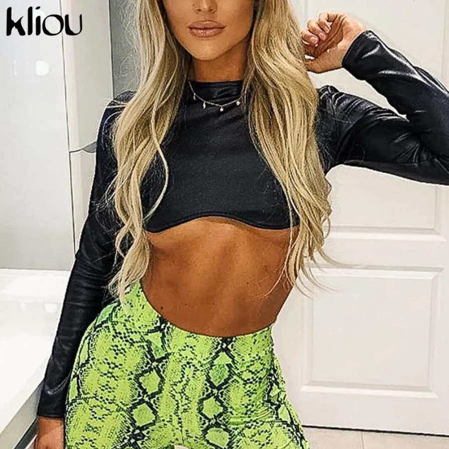 Kliou однотонная черная футболка женская короткий топ с длинным рукавом Кожа новая уличная тонкая футболка Женская Базовая одежда с круглым вырезом