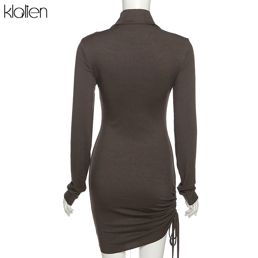 KLALIEN Autumn New Sweater Dress Women Long Sleeve Turtleneck Knit Solid Slim Drawstring Bodycon Dress Thicken Warm Streetwear homecoming dresses