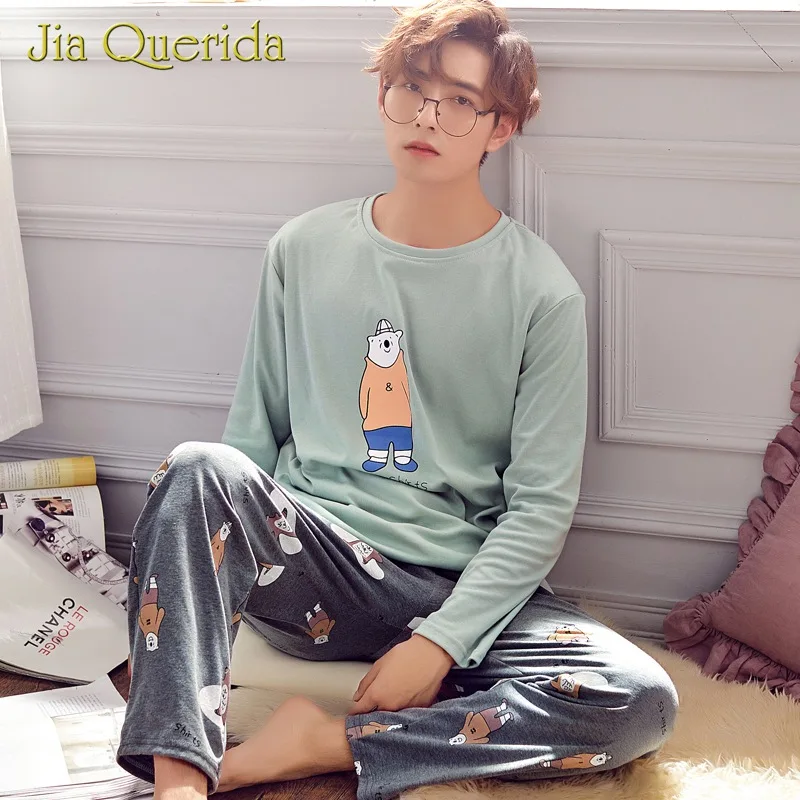 Bear Printing Pajamas Sets Man Leisure Cotton Pajama O-Neck Elastic Waist Regular Sleeves Solid Mens Sleeping Clothes Men Pyjama