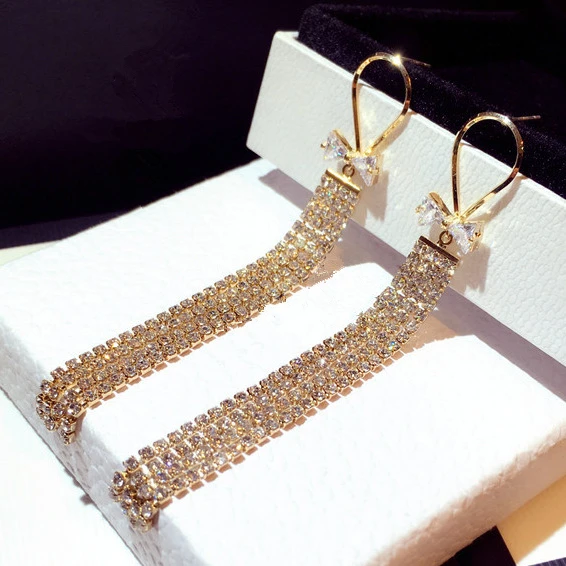

2019 Gorgeous Gold Crystal Long Earrings For Women Hyperbole Bowknot Drop Earrings Wedding Party boucle d'oreille femme 2019