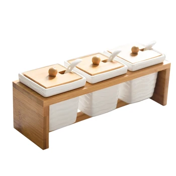 

Square ceramic Spice jar Bamboo kitchen supplies Spice jar Spice bottle of three-piece suit