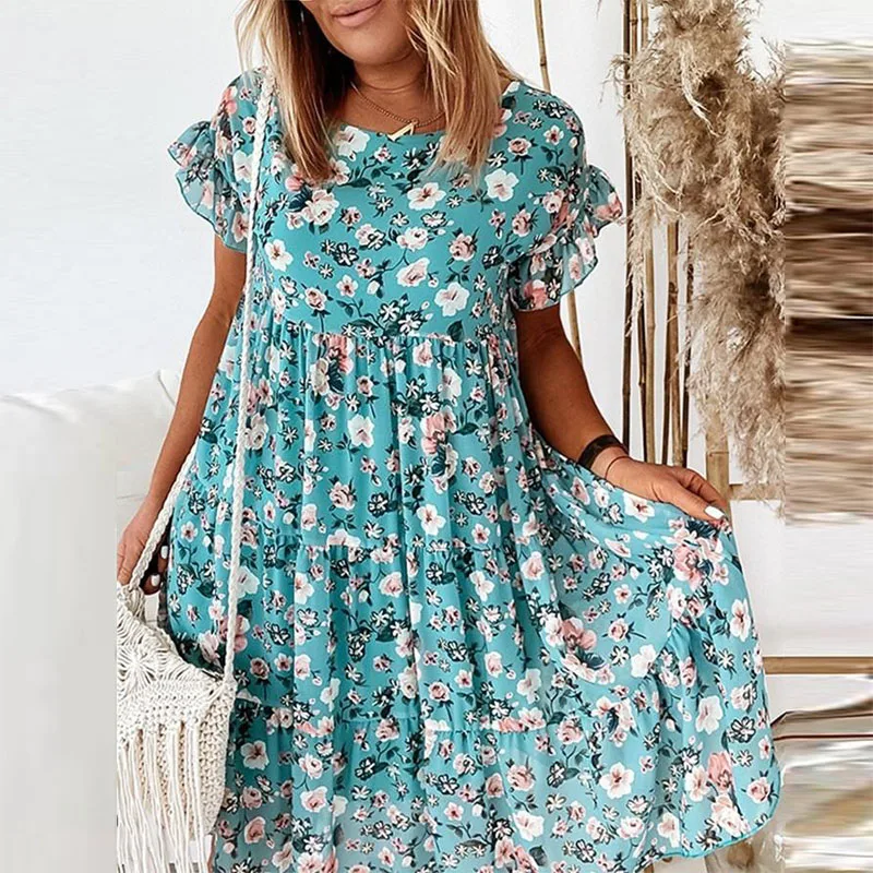 2022 Summer Floral Print Dress Women Bohemian Ruffles Short Sleeve A-Line Dress Elegant O-Neck Loose Mini Party Dresses Vestidos lace bathing suit cover up