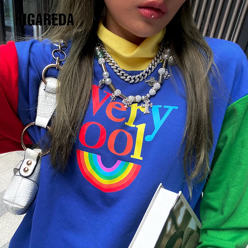 

HIGAREDA Embroidery Patchwork Crewneck Sweatshirt Women Autumn Long Sleeve Pullovers Harajuku Casual Sweat Shirt Streetwear