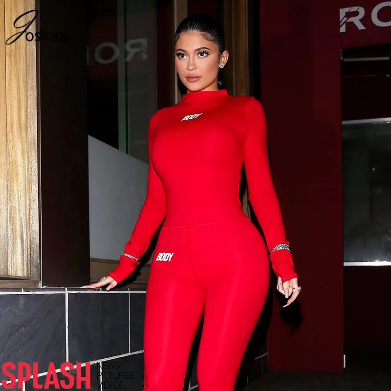 

Joskaa Letter Print 2 Pcs Set Long Sleeve Bodysuit Long Pants Fitness Sporty Two Piece Outfits Activewear Streetwear Set
