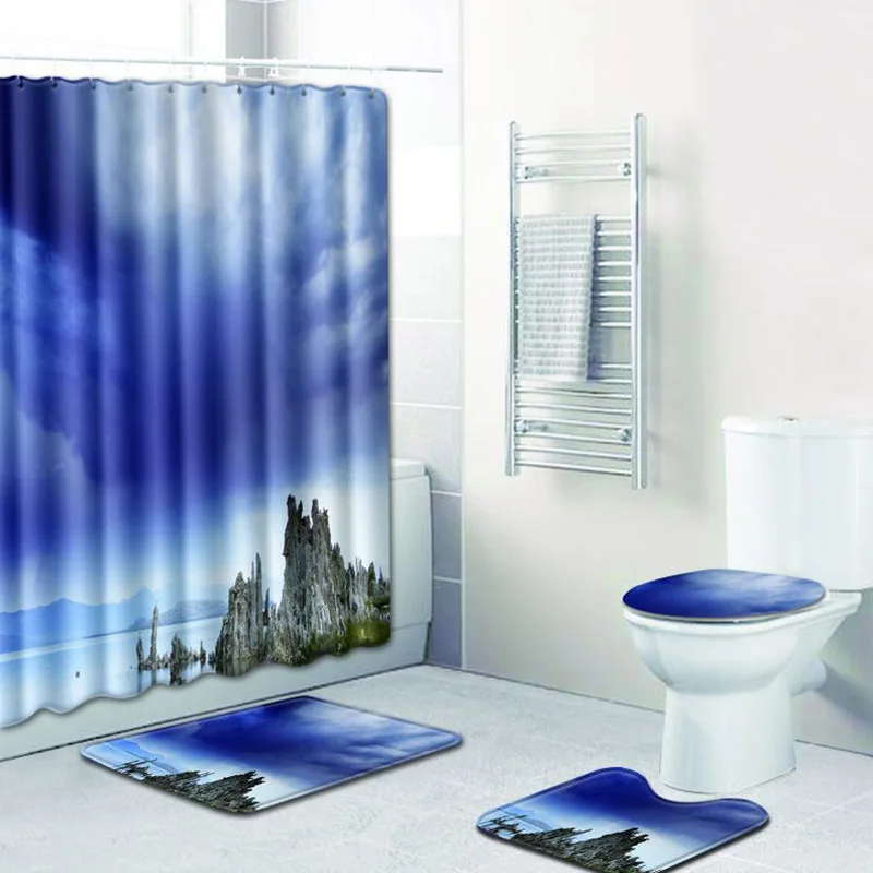 

4pcs/set Landscape Pattern Shower Curtain Waterproof Polyester Non Slip Rug Carpet Bath Mat Toilet Seat Cover Pad Home Decor