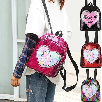 

Fashion Glitter School Book Bag Variable color Sequins Unicorn Backpack Girls Cute Hologram Laser PU Leather women Travel bag