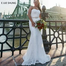 JUE SHUNG White Ivory Lace Mermaid Wedding Dresses Crystal Sash Pleated Sweetheart Cheap Wedding Gowns Bridal Dresses