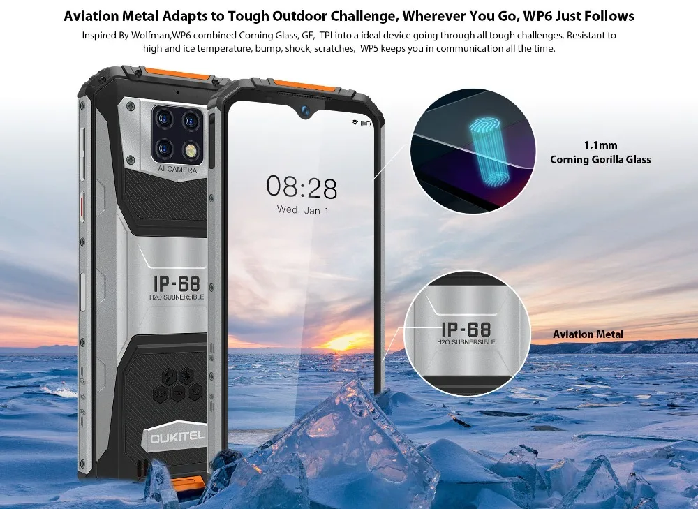 OUKITEL WP6 6GB+128GB IP68 Waterproof 10000mAh Smartphone 6.3'' FHD+ 48MP Triple Camera Octa Core Rugged Mobile Phone good cell phone for gaming